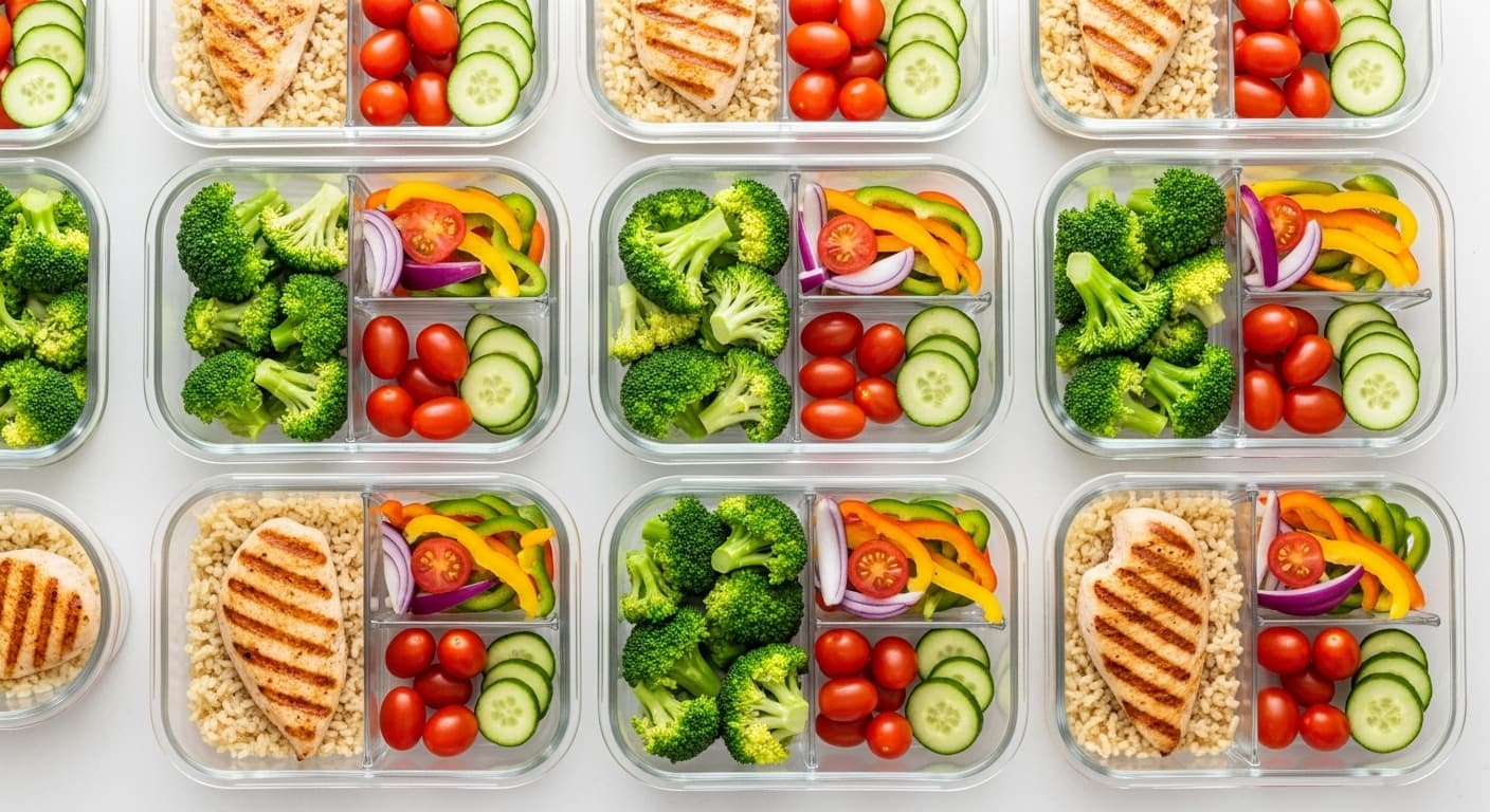 Organized meal prep containers with healthy prepared meals