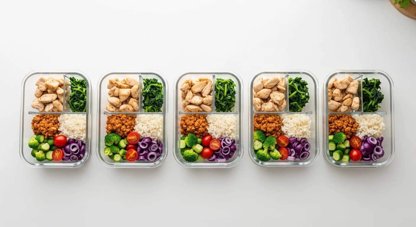 Meal prep demonstration showing batch cooking of proteins and vegetables for the week