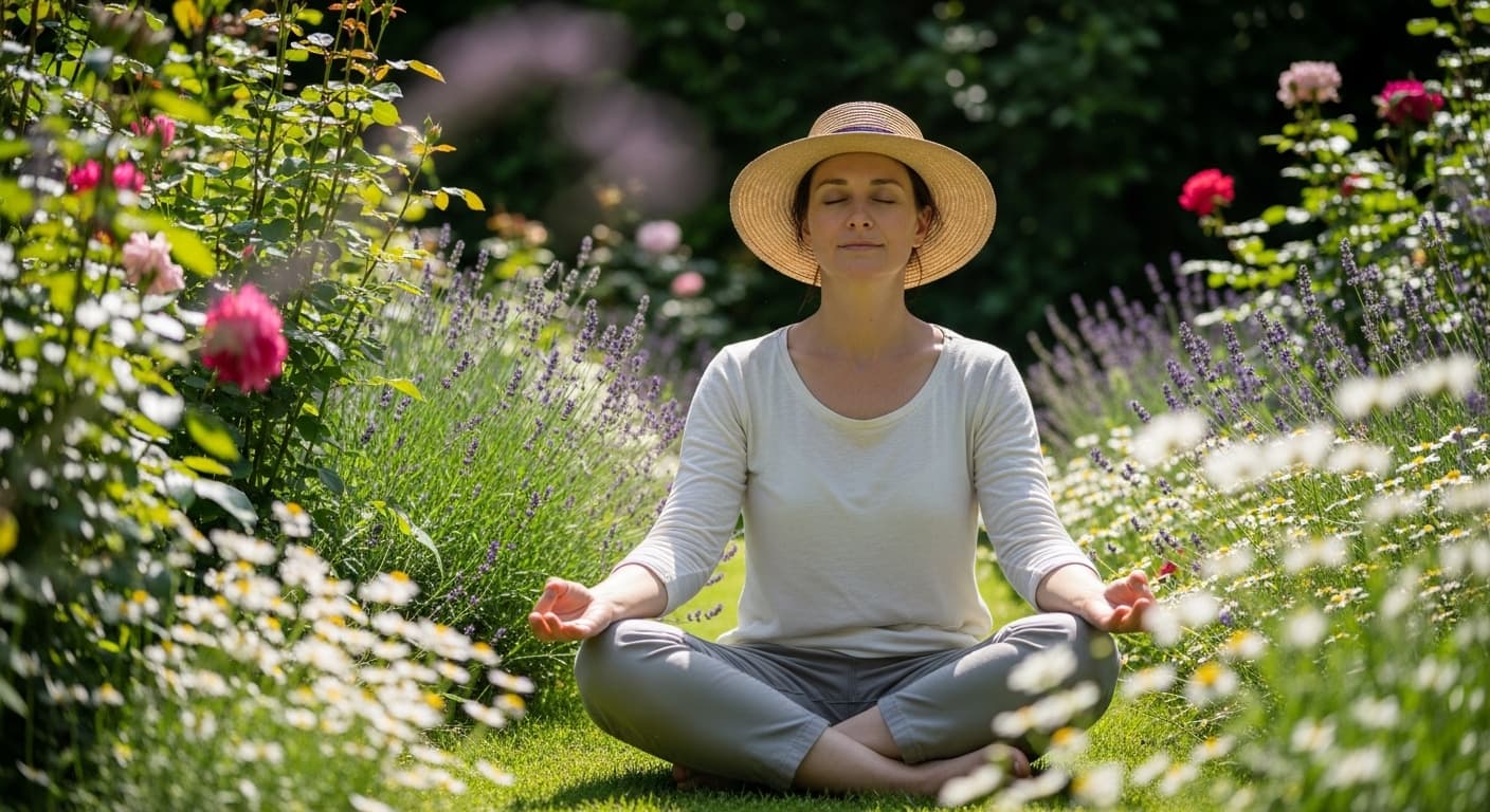 Person practicing anxiety management techniques like deep breathing and relaxation