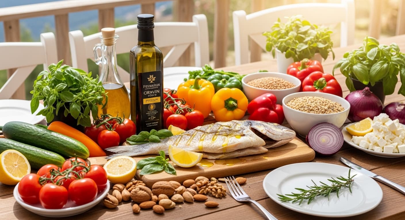 Mediterranean diet foods including fresh produce, olive oil, and healthy fats