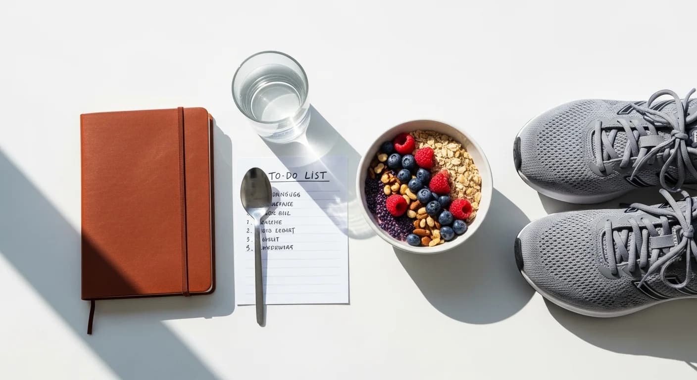 Morning wellness routine components including hydration water, healthy breakfast, yoga stretching, and journaling