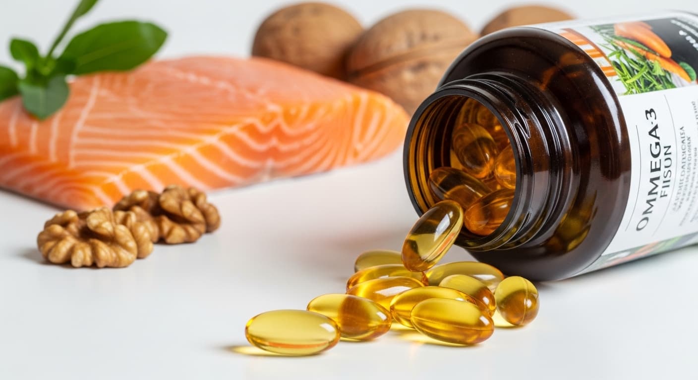 Omega-3 rich foods and supplements including fish oil and capsules