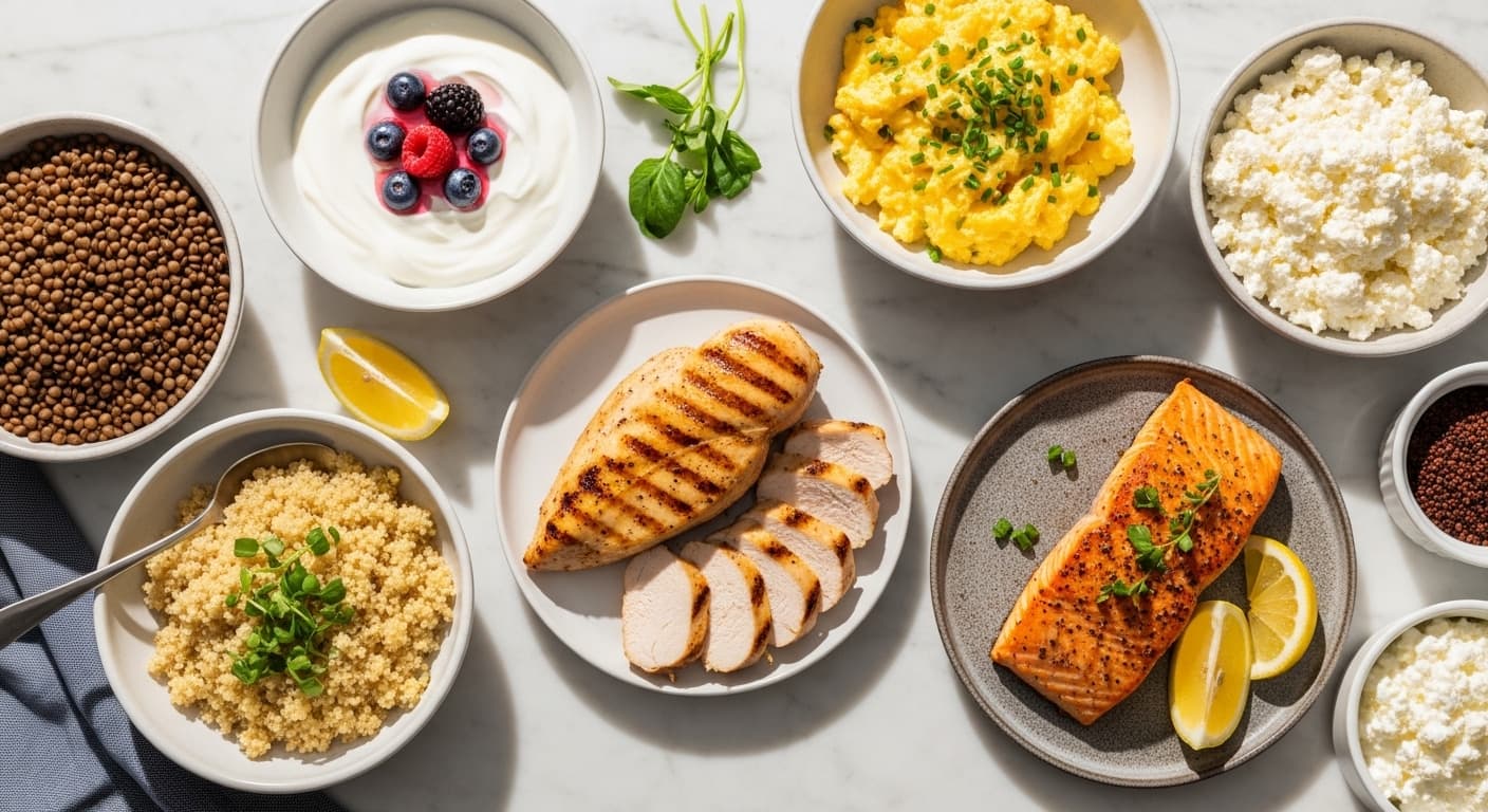 High-protein foods including chicken, eggs, legumes, and dairy products