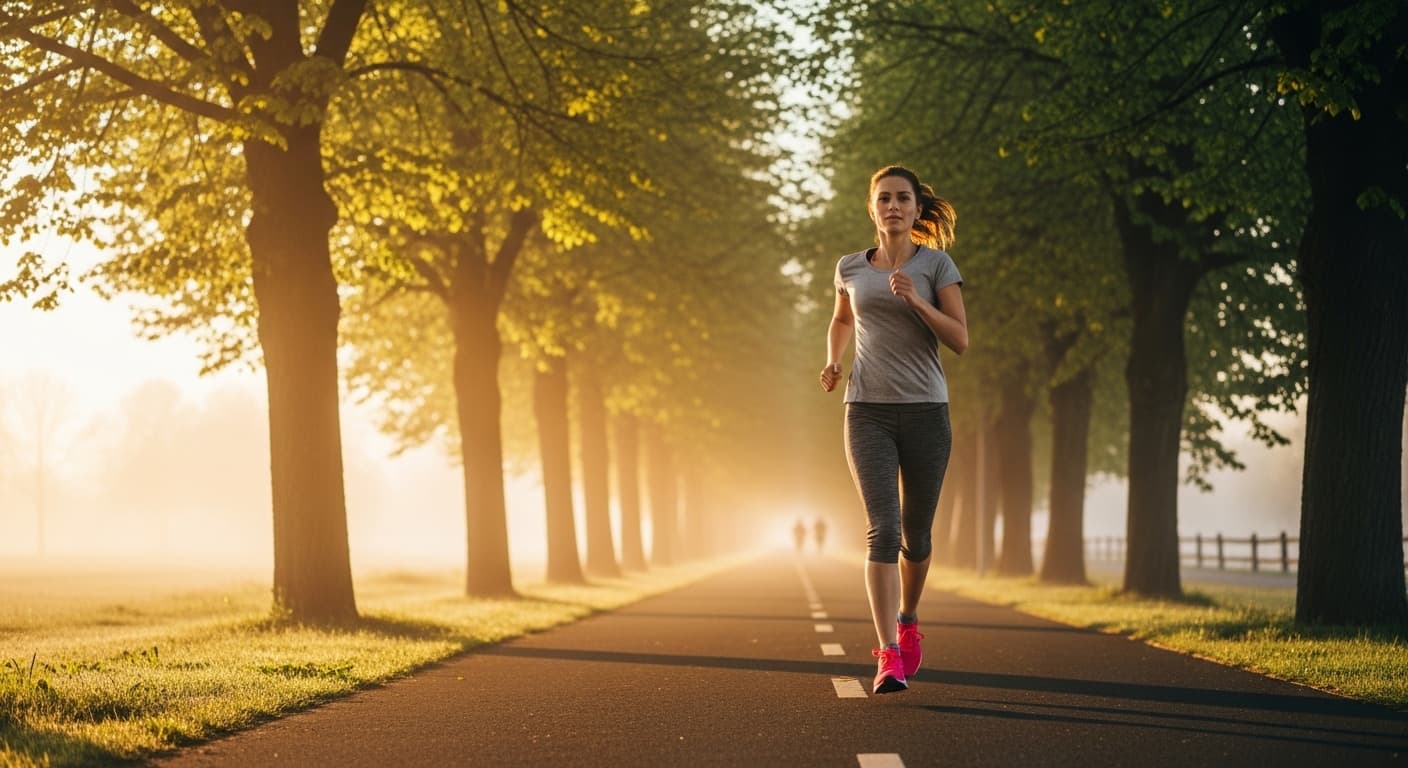 Beginner runner jogging outdoors on a path during a morning run