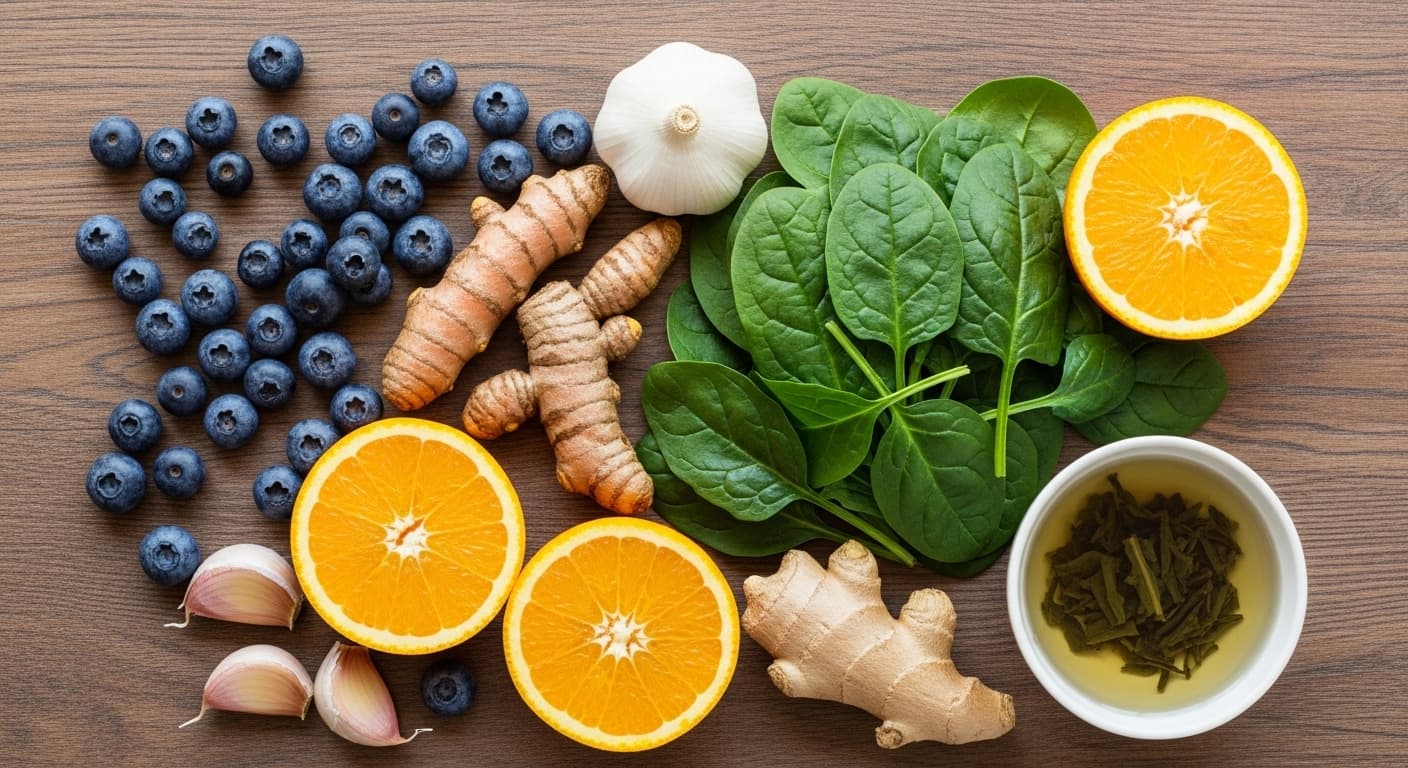 Fresh superfoods including berries, nuts, and leafy greens arranged on a table