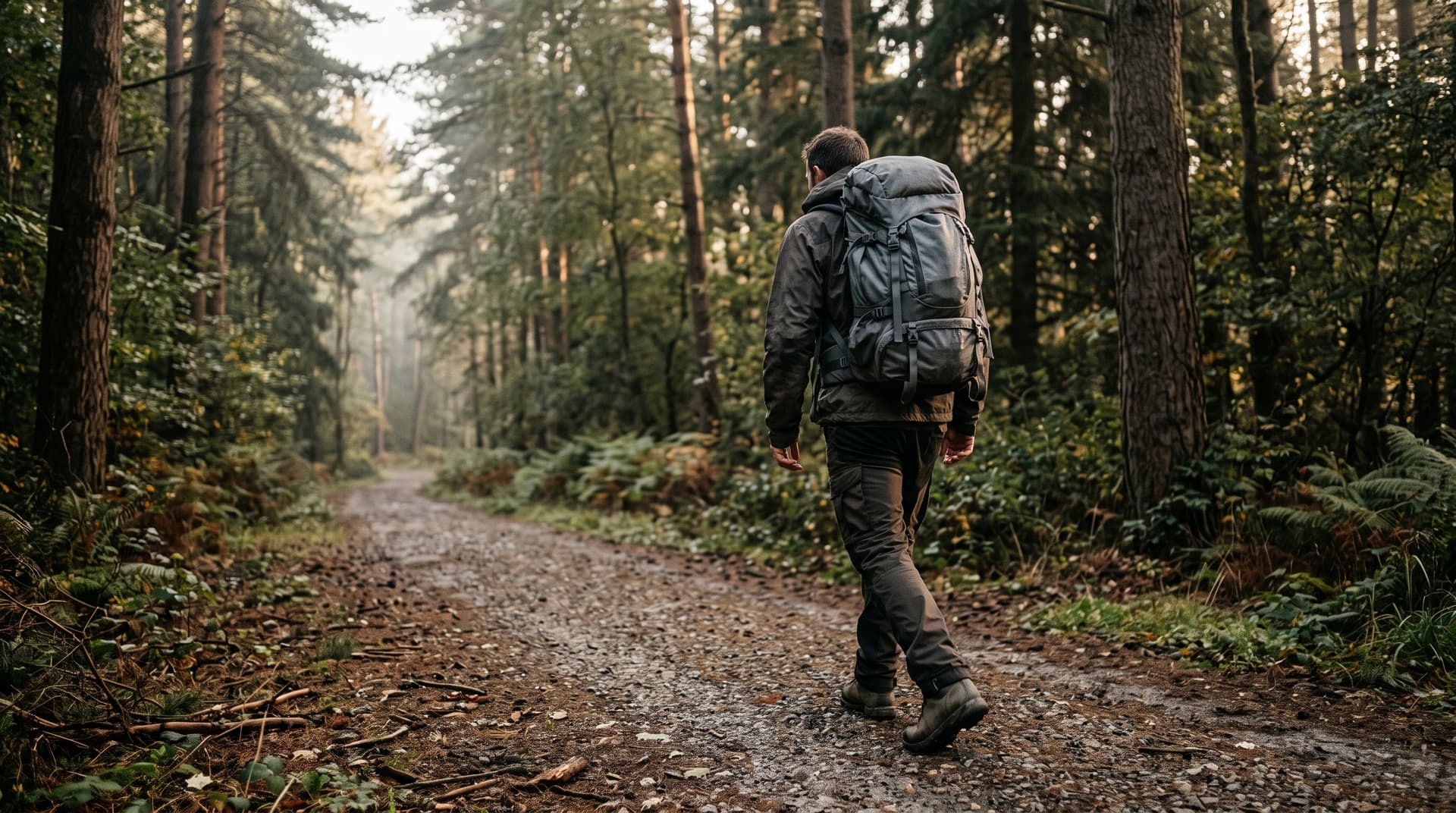 A person walking away on a gravel trail wearing a loaded rucksack