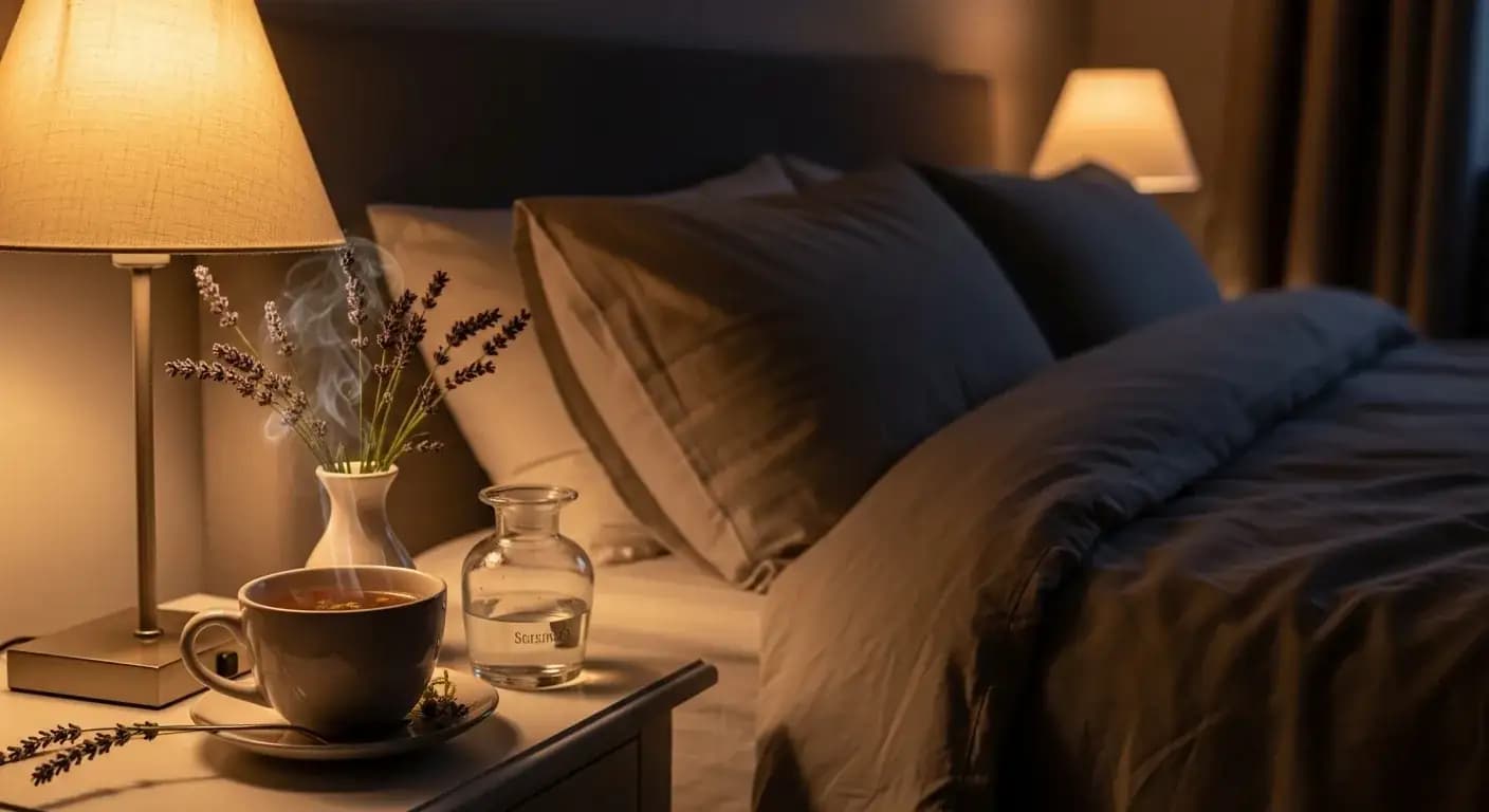 Peaceful bedroom with soft lighting, comfortable bedding, and relaxed person sleeping