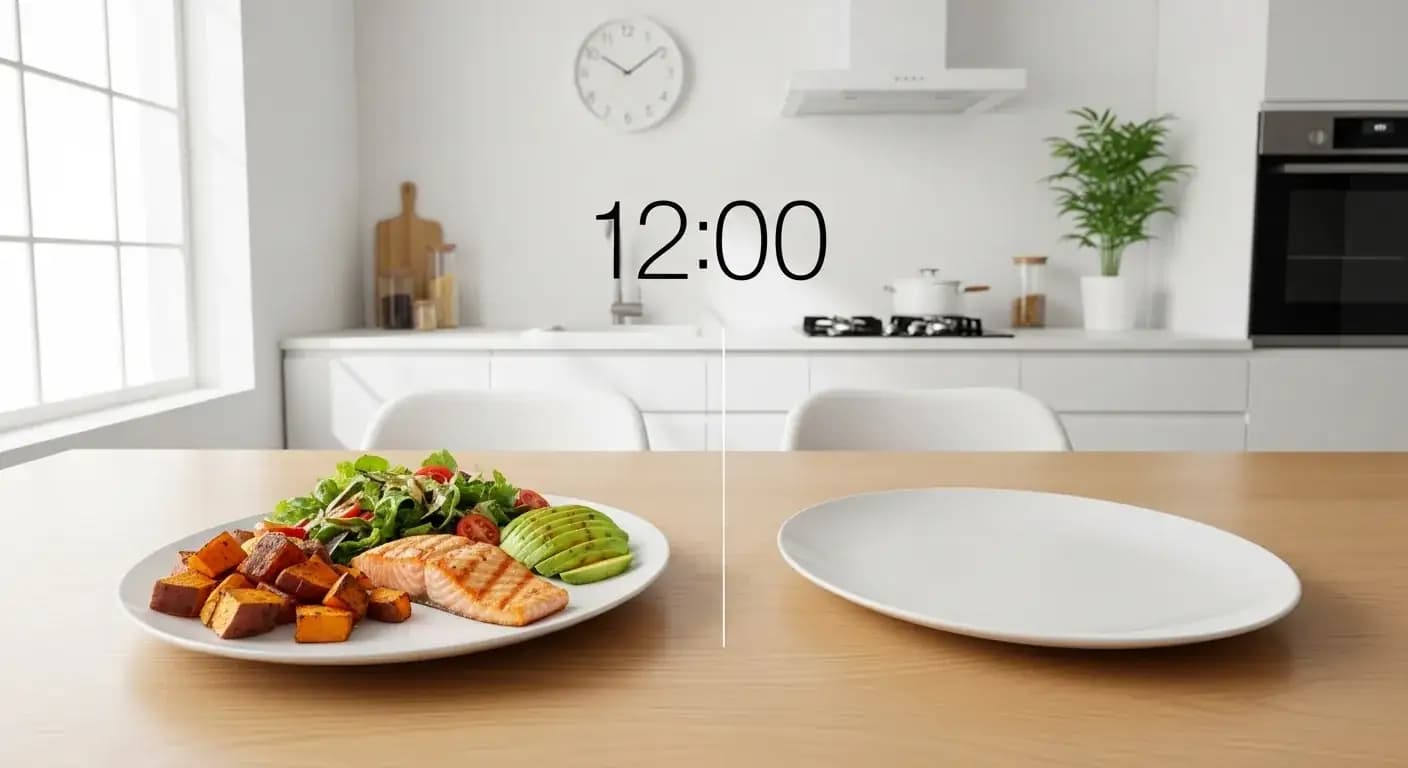 Clock showing intermittent fasting schedule with meal and fasting windows