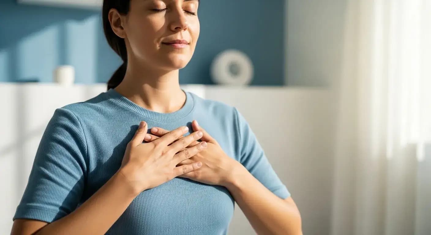 Person meditating peacefully in nature with soft natural light