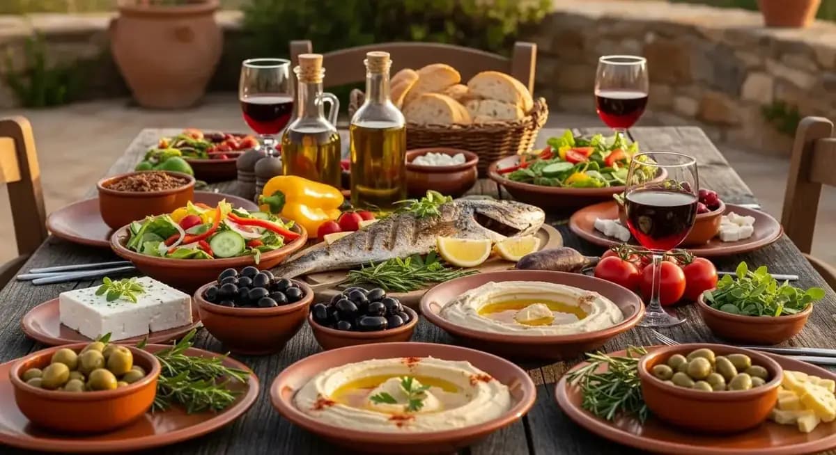 Mediterranean foods including olive oil, fresh vegetables, fish, and whole grains on wooden table
