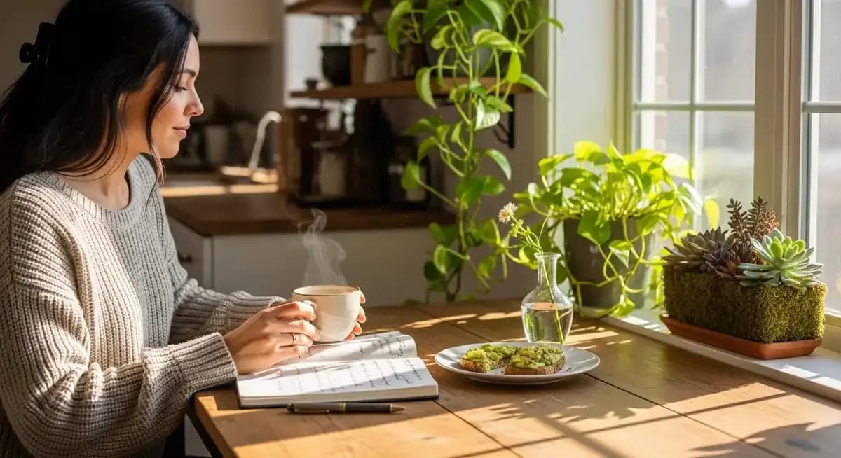 Woman enjoying a peaceful morning routine with coffee and journaling