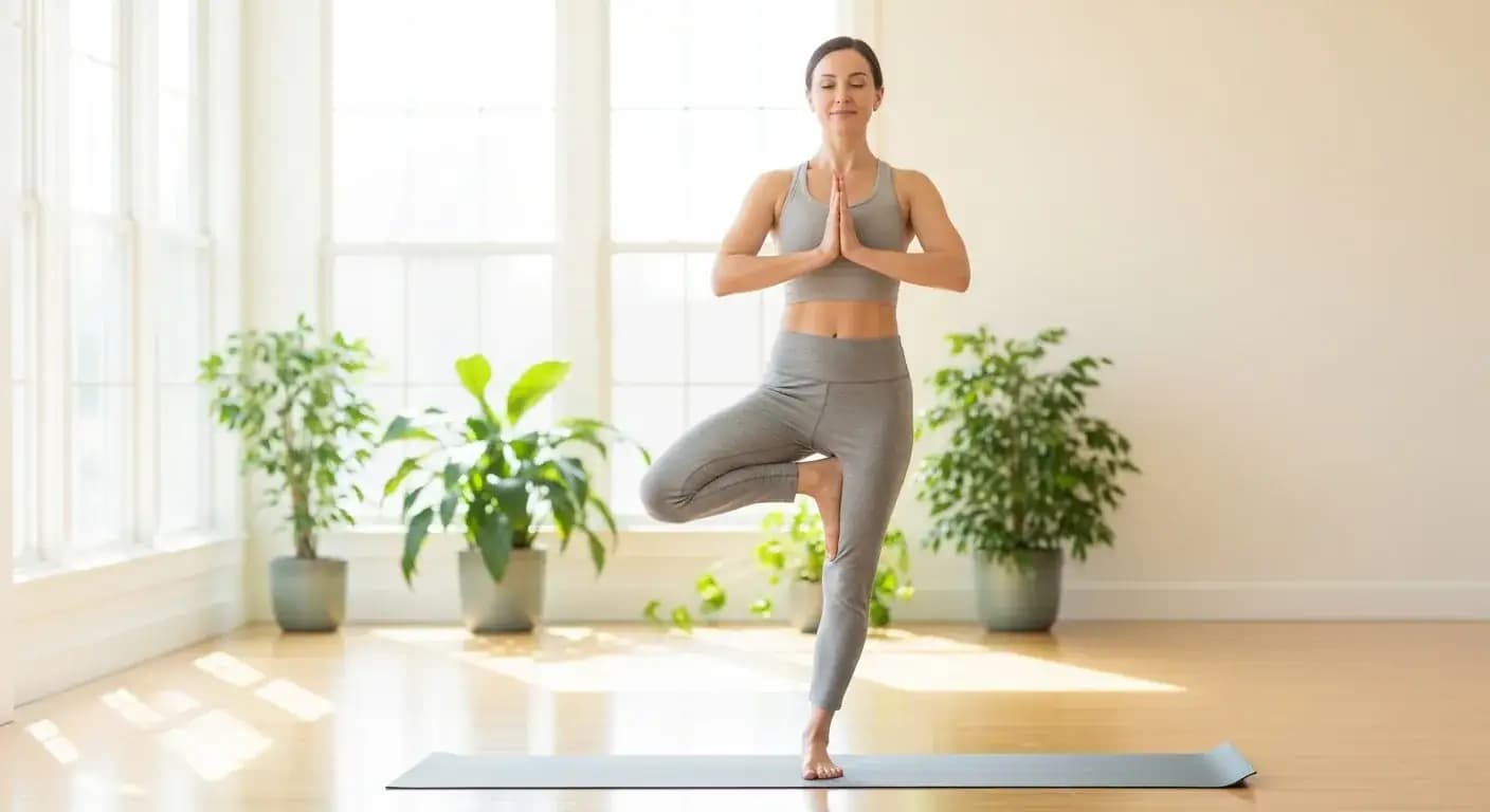 Woman in comfortable yoga pose in serene room with natural light