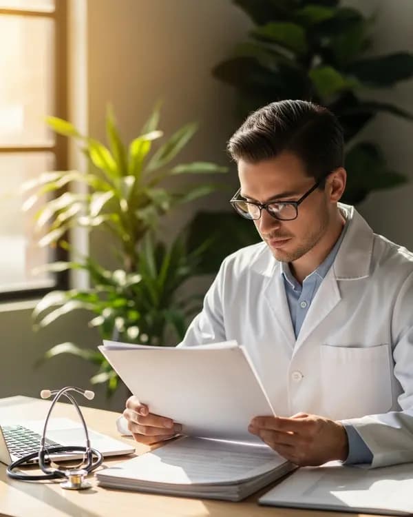 Healthcare professional reviewing medical research for content accuracy
