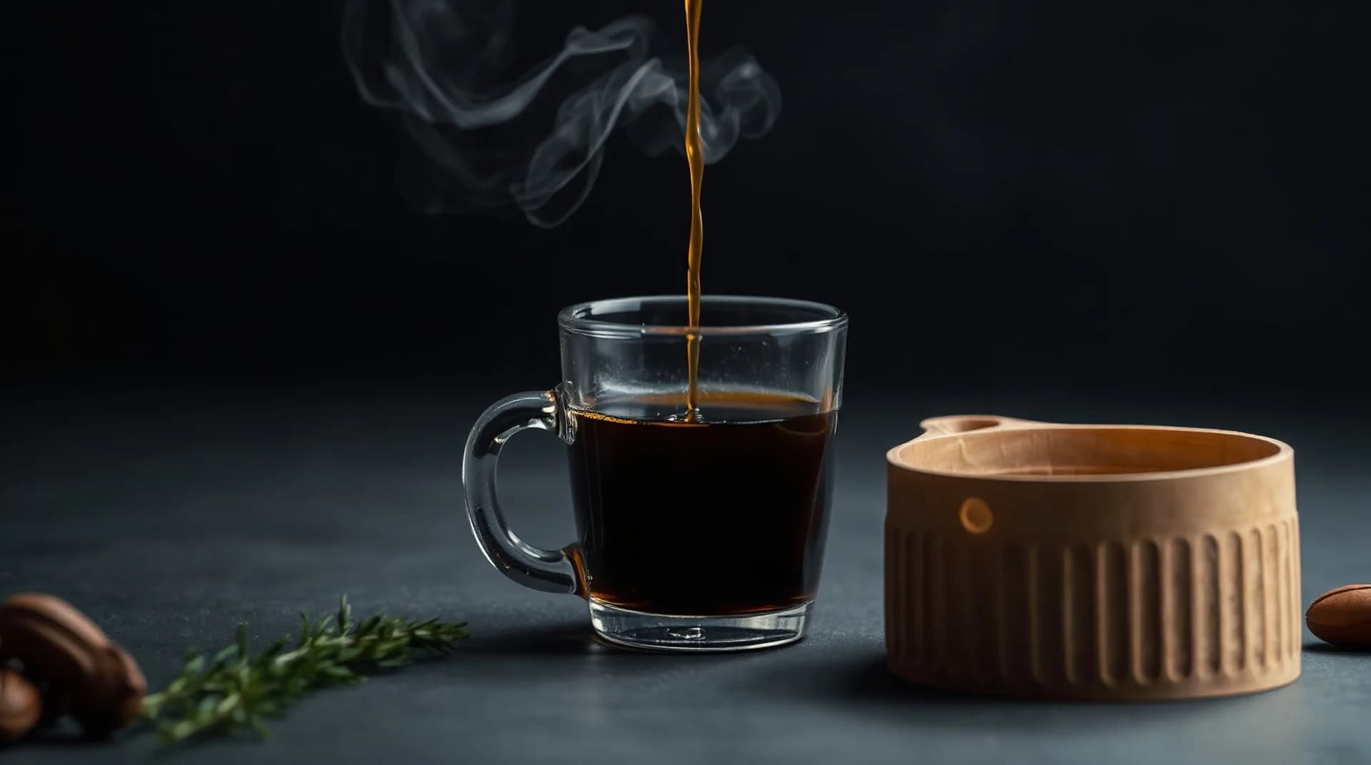 espresso shot pouring into a small glass cup, macro shot with steam, dark moody background, no people in frame, product photography