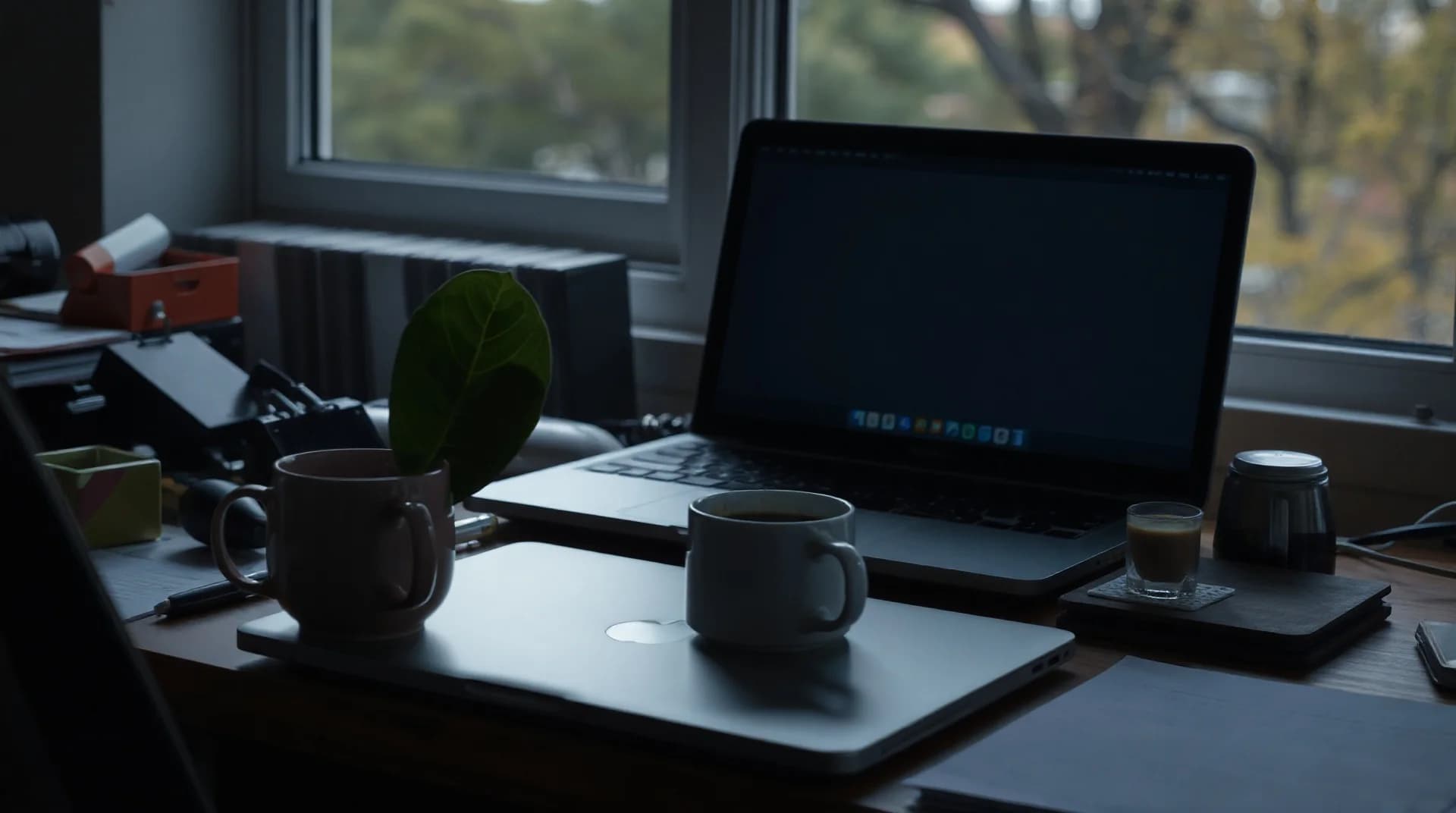 empty coffee mug on a cluttered desk with closed laptop showing late afternoon light through window, no people in frame, still life photography