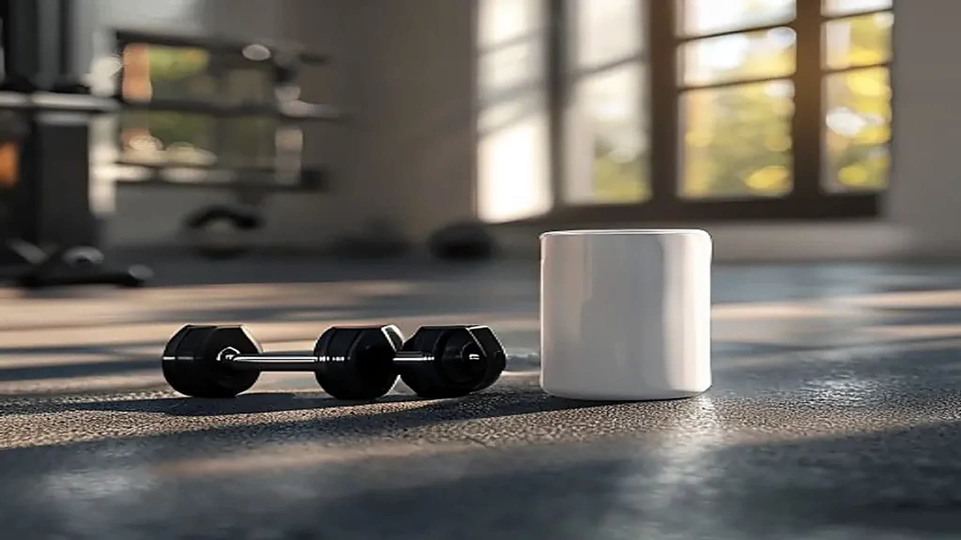 creatine supplement bottle next to dumbbells in a home gym