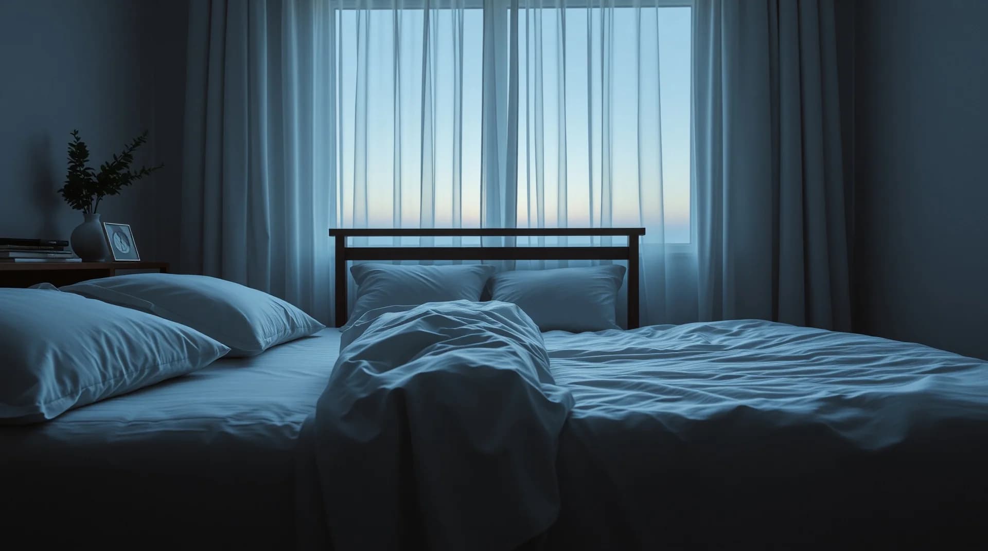 A neatly made empty bed with soft white linens in a dim bedroom at dawn