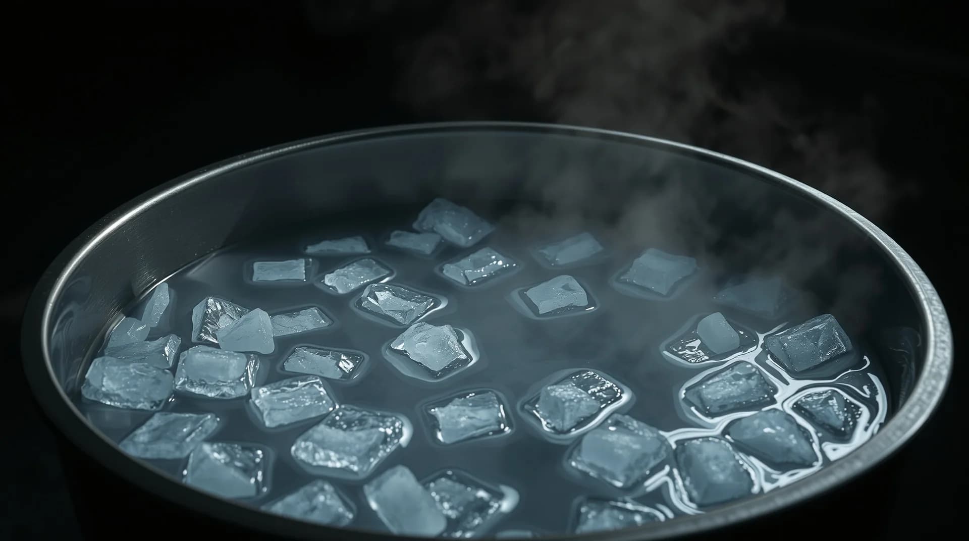 A stainless steel cold plunge tub filled with icy water and floating ice cubes, mist rising