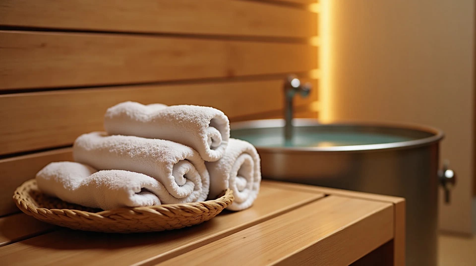 Rolled white towels on a wooden sauna bench beside a cold plunge tub in warm light