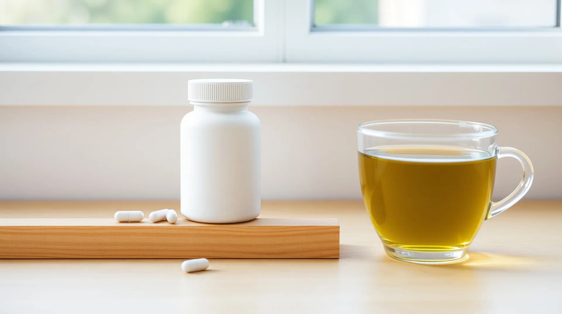 two supplement bottles labeled l-theanine and caffeine on a desk