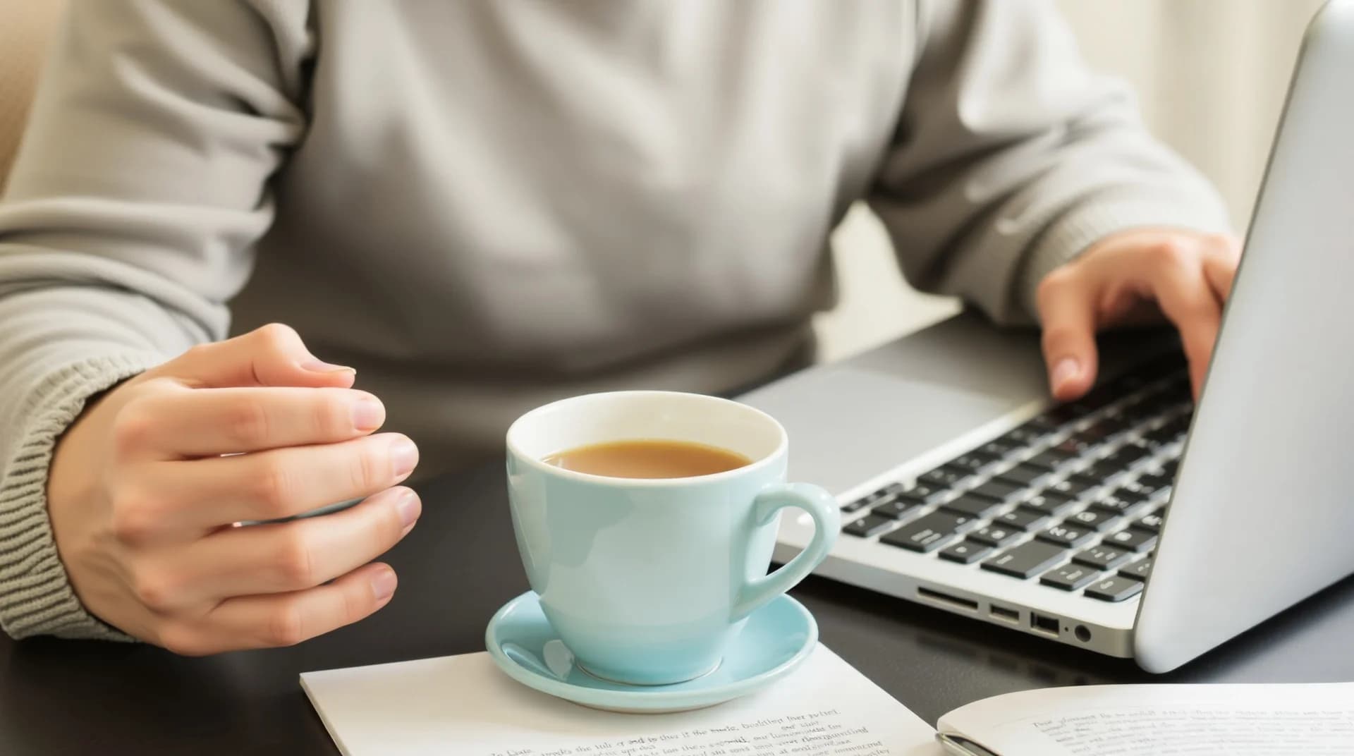 person studying with tea cup and laptop, focused atmosphere