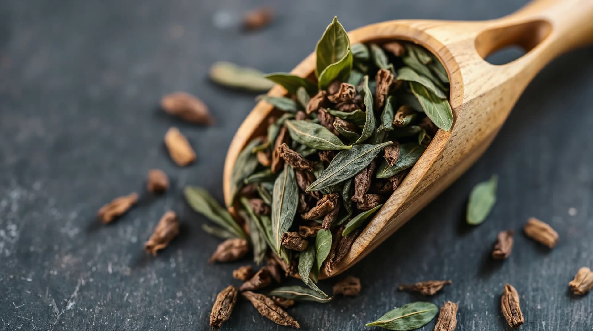 tea leaves in wooden scoop on a slate background, macro shot