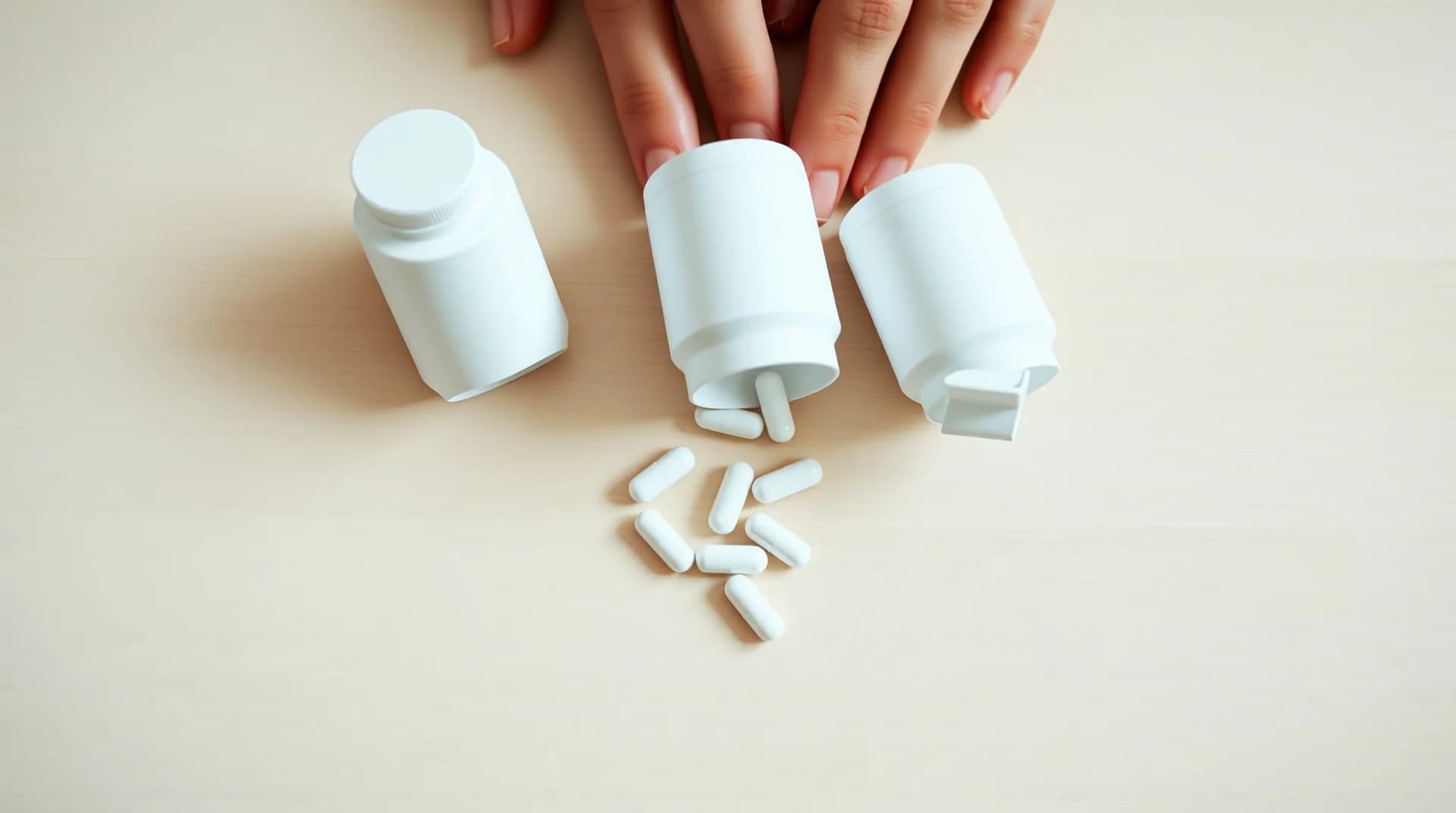 three small white pill bottles arranged on a clean light wood surface with a few capsules spilled in front of each, soft natural light from above, photorealisti
