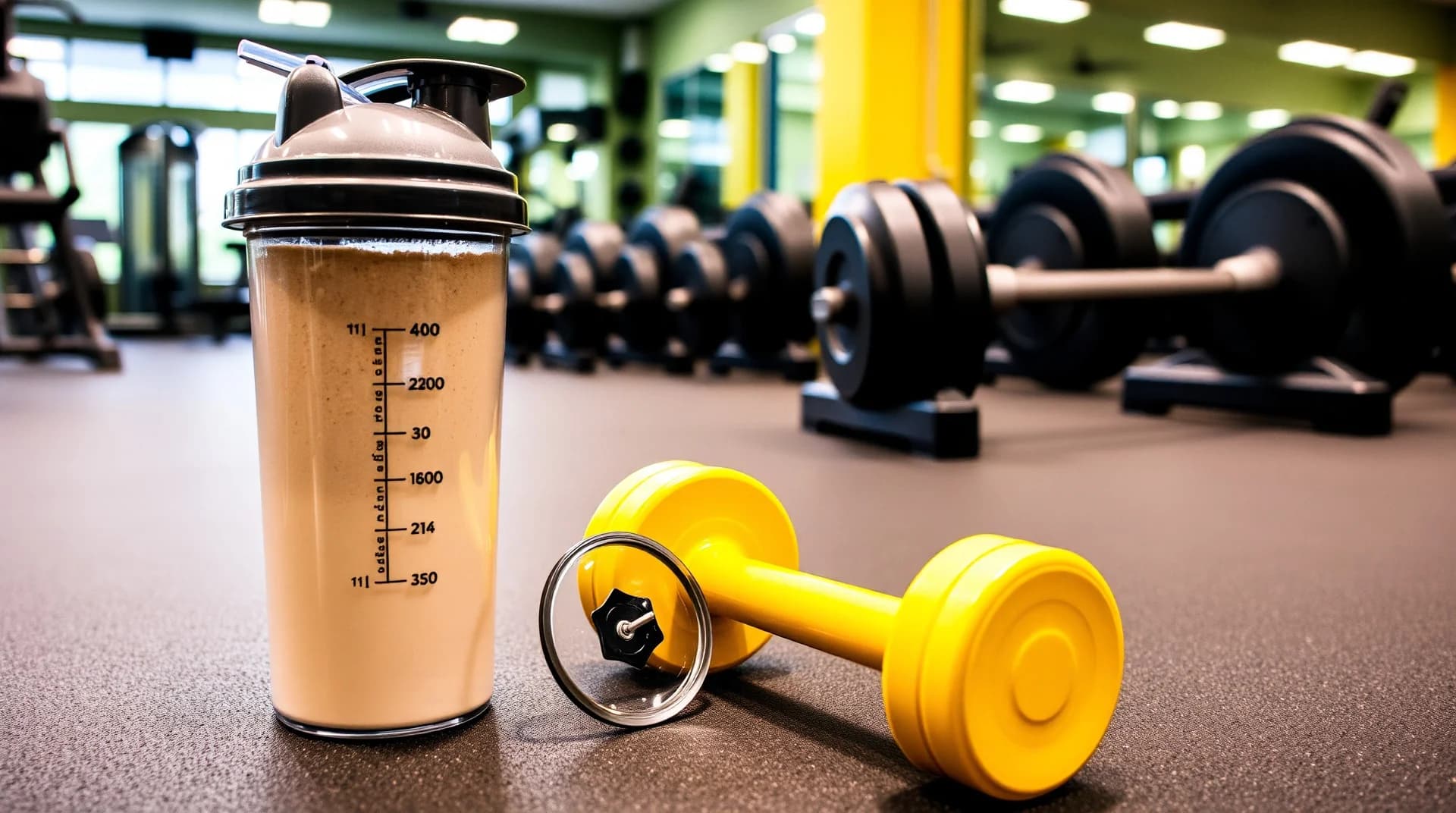 shaker with protein powder and dumbbell on gym floor