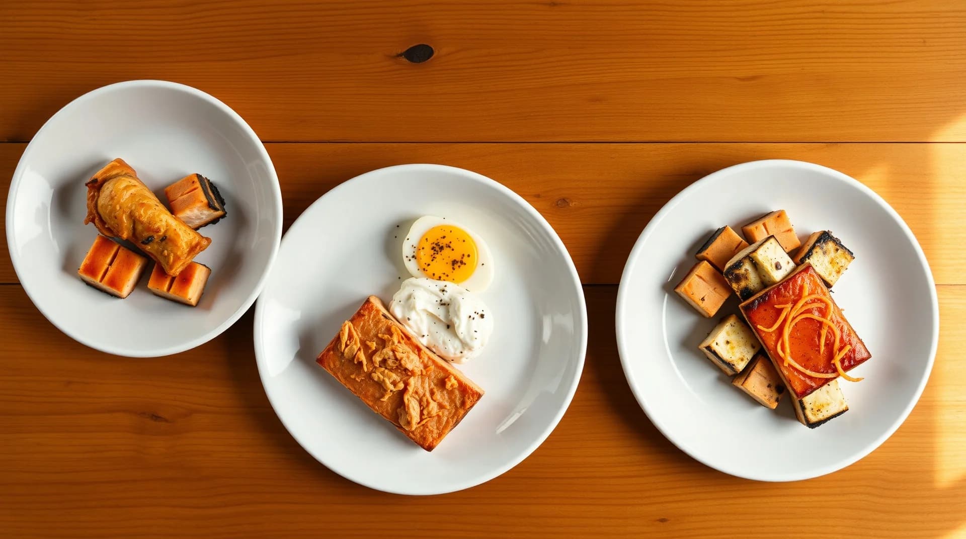 four small white plates arranged on a wooden table each with a portion of grilled chicken eggs salmon and tofu, top down editorial flat lay, soft natural light,