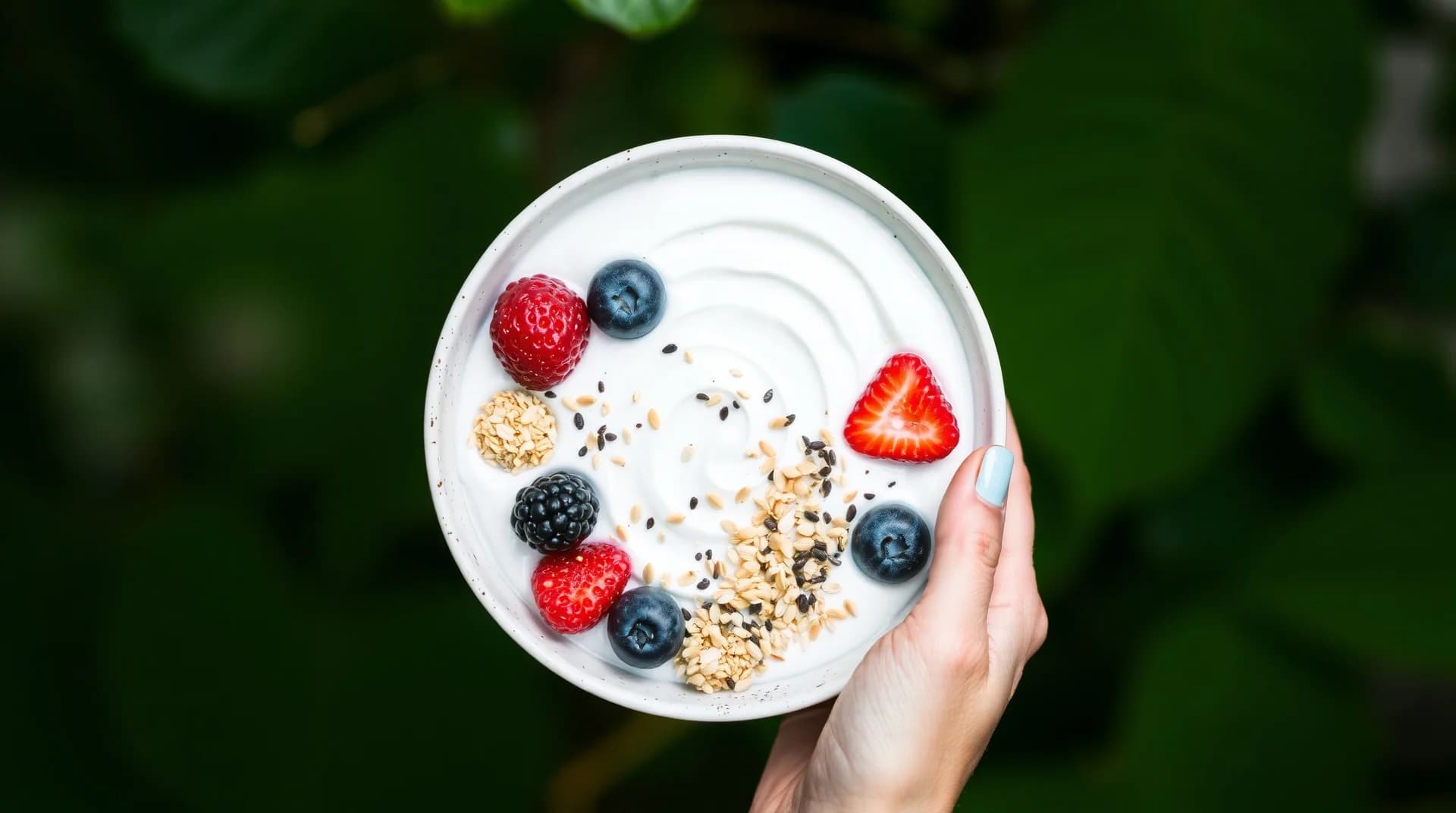 greek yogurt bowl with berries and seeds, healthy breakfast aesthetic