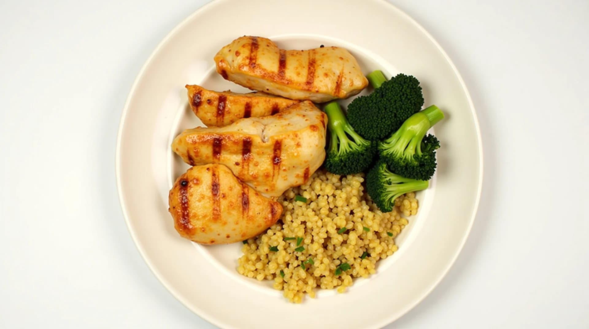 plate with grilled chicken, quinoa, broccoli on a clean white plate, top-down