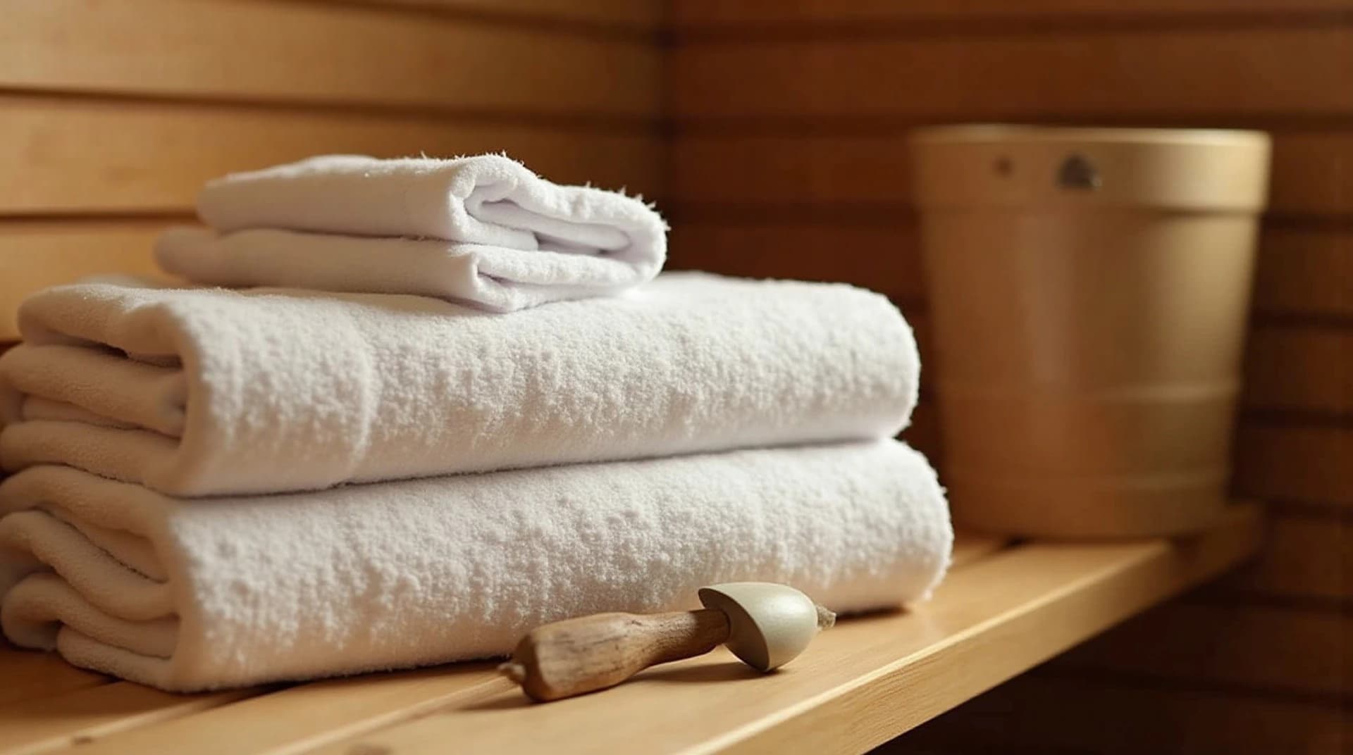 stack of clean white folded towels on a wooden sauna bench beside a wooden bucket and ladle, soft warm interior light, no people in frame