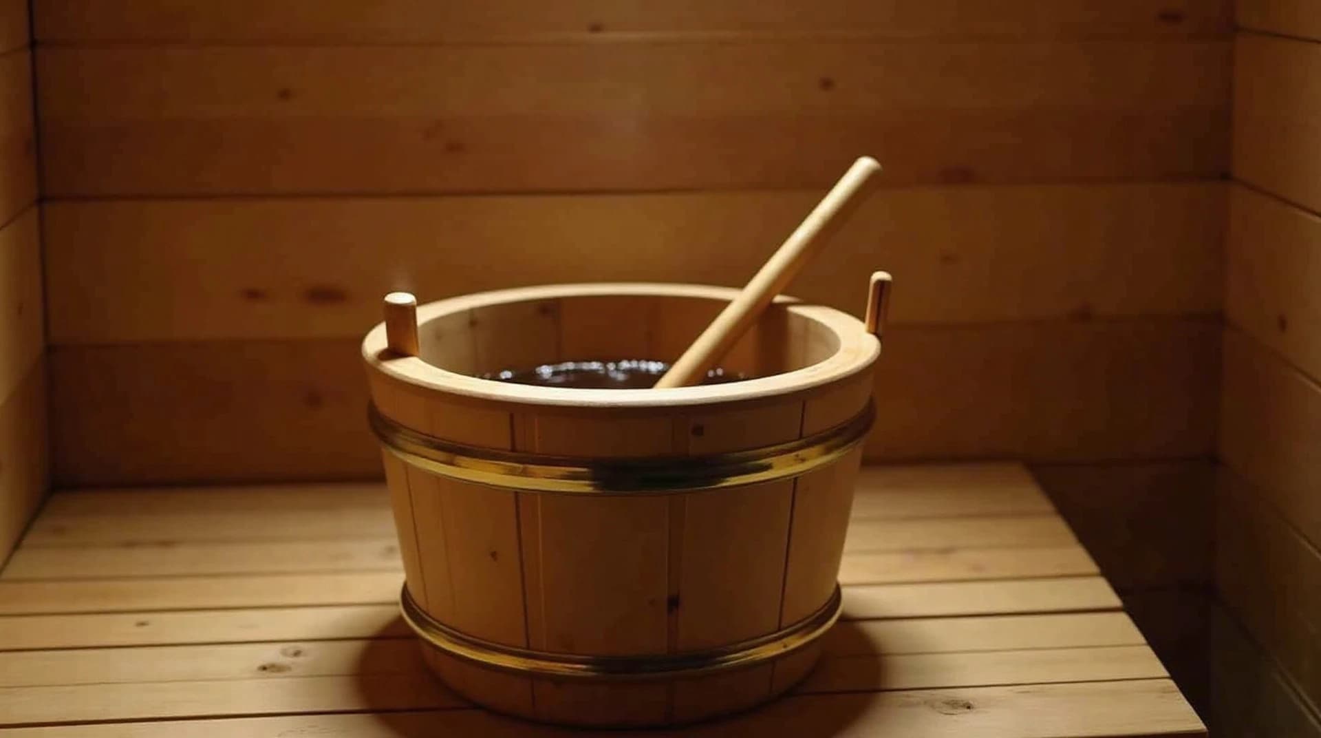 wooden sauna ladle resting in a wooden bucket of water beside heated rocks on a stove, warm dim sauna interior, no people in frame