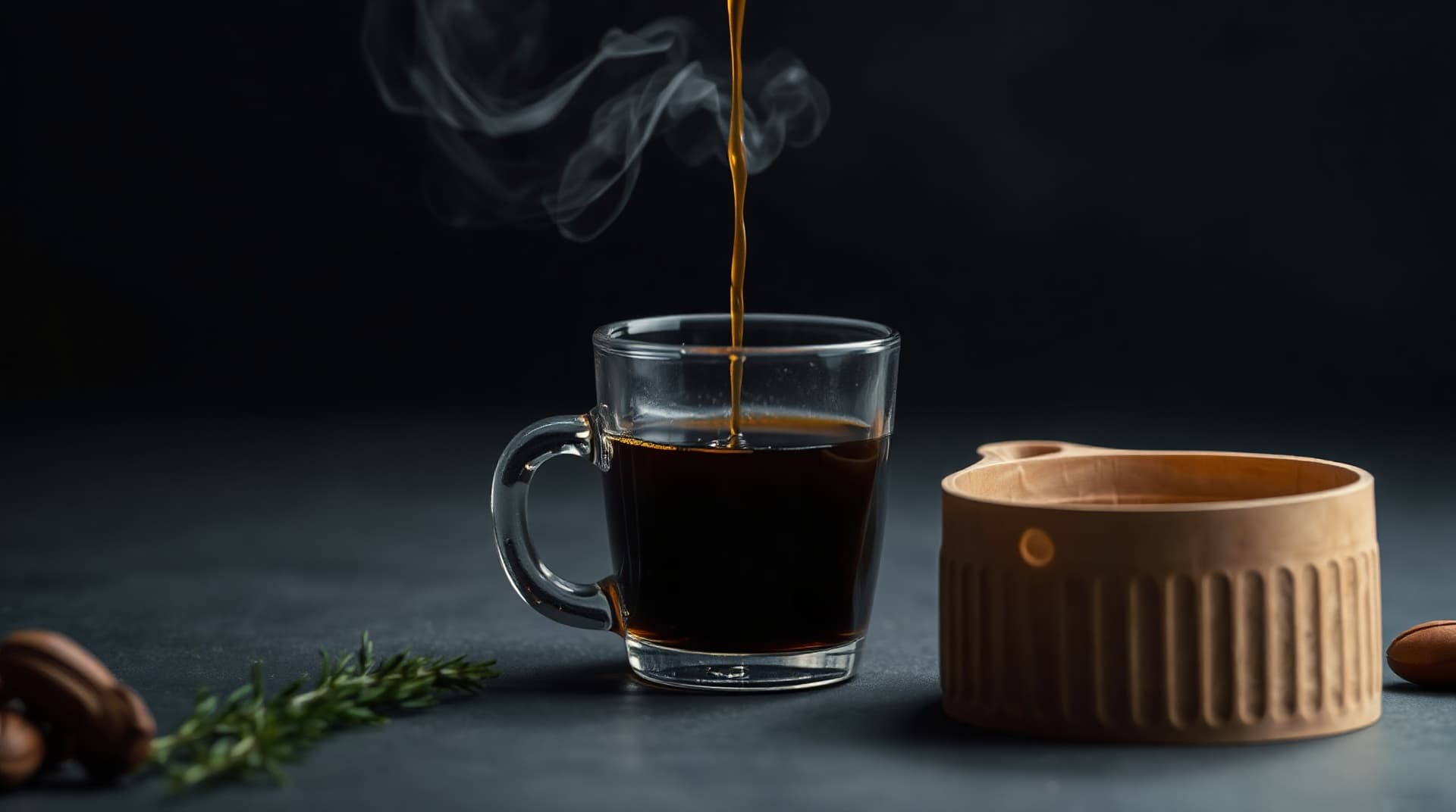 espresso shot pouring into a small glass cup, macro shot with steam, dark moody background, no people in frame, product photography