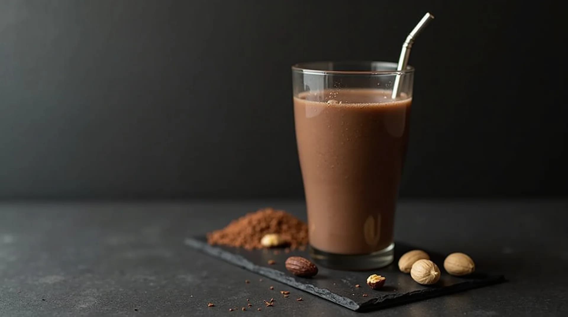 A chocolate peanut butter protein smoothie with a metal straw