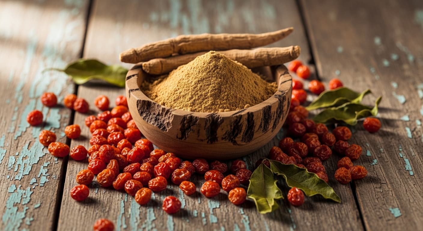 Ashwagandha plant and herbal supplement capsules on a natural background