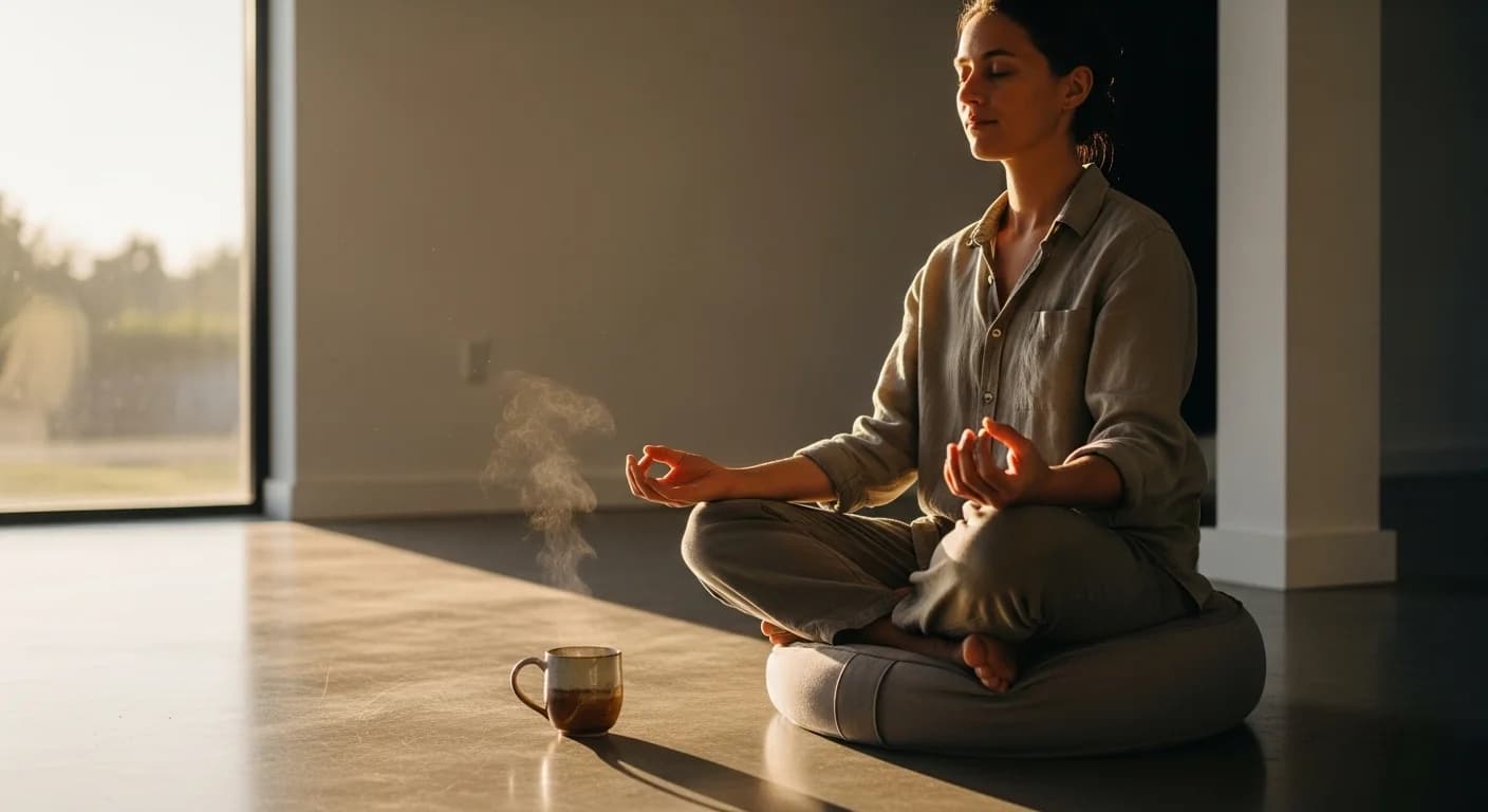 Holistic wellness routine combining ashwagandha supplement with exercise, meditation, and healthy nutrition