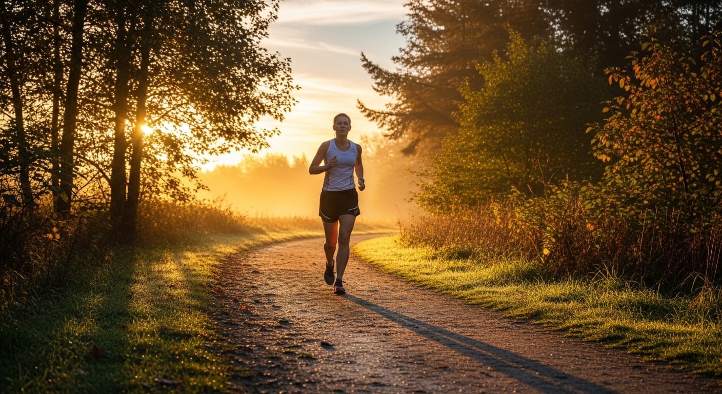 A person walking on a scenic outdoor path during sunrise, demonstrating the benefits of morning exercise