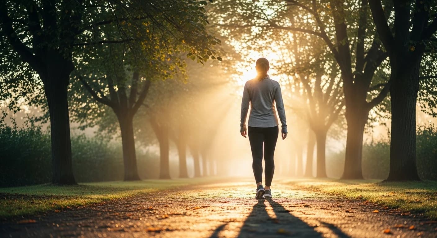 Person walking in a peaceful garden environment for stress reduction and mental health benefits