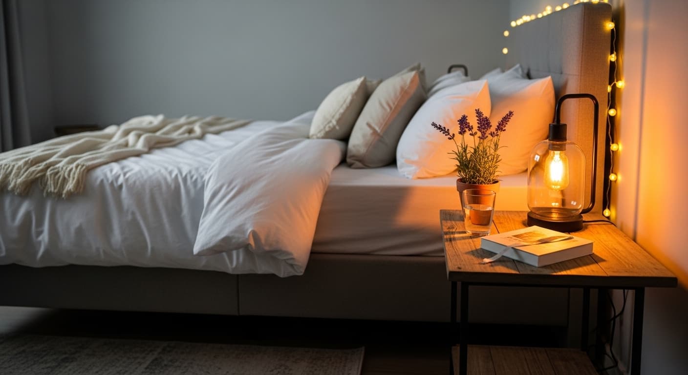 Person sleeping peacefully in a dark, comfortable bedroom environment