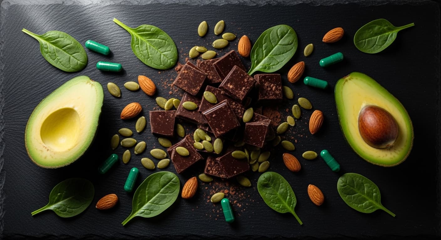 Comparison chart showing magnesium content in various foods including pumpkin seeds, almonds, spinach, and dark chocolate