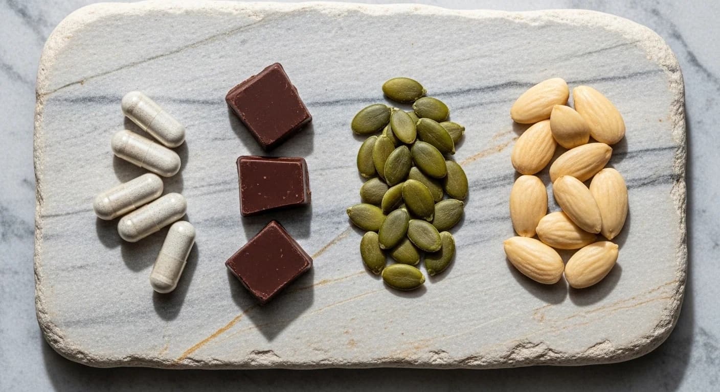 High-magnesium foods including spinach, pumpkin seeds, almonds, and dark chocolate on a table