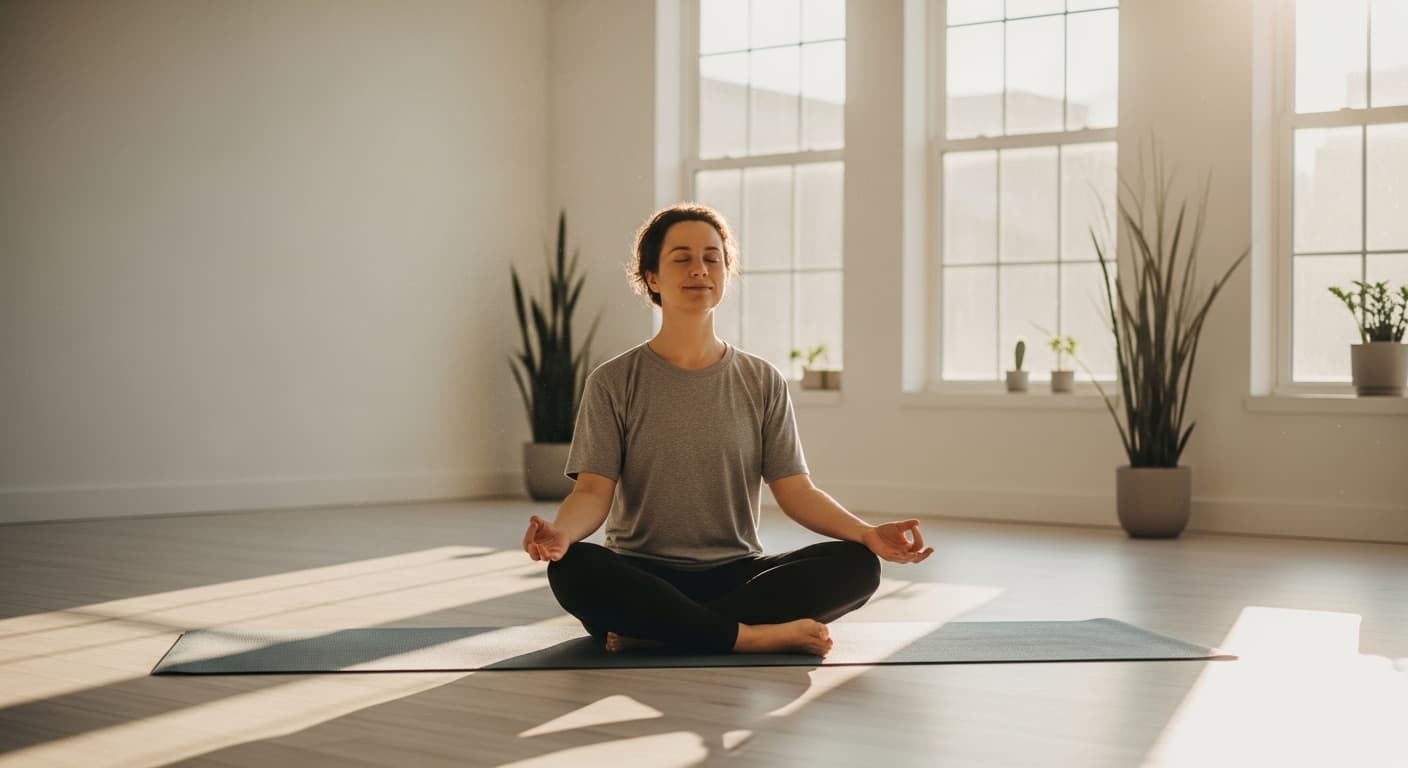 Person meditating in a peaceful, calm setting practicing mindfulness