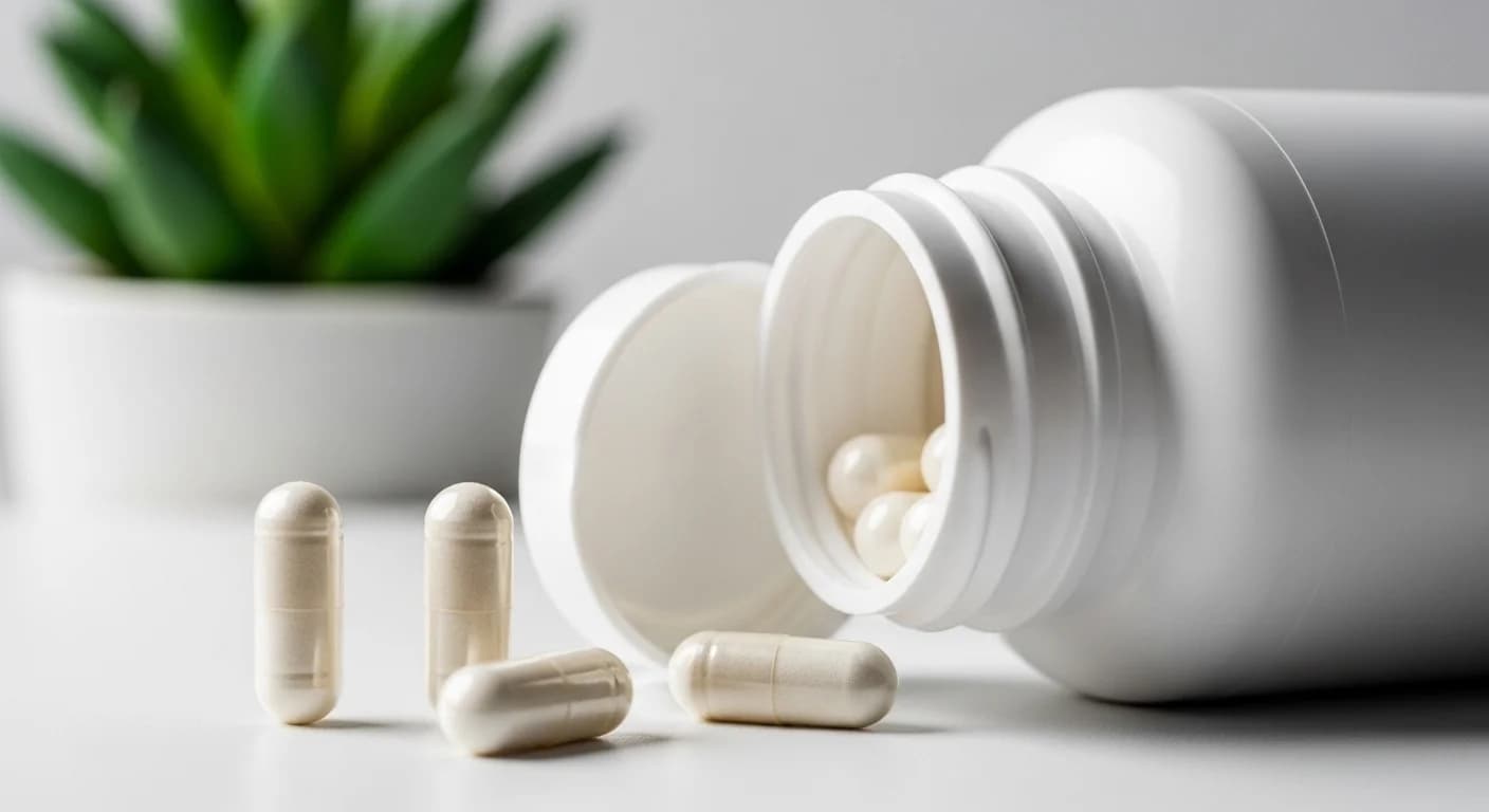 Quality probiotic supplement selection showing labels with strain identification and CFU counts verified by third-party testing