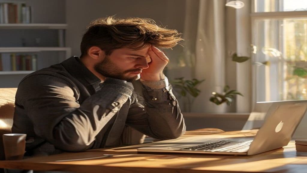 stressed professional rubbing temples at a wooden desk with laptop and coffee, soft window light, photorealistic, ultra detailed, sharp focus