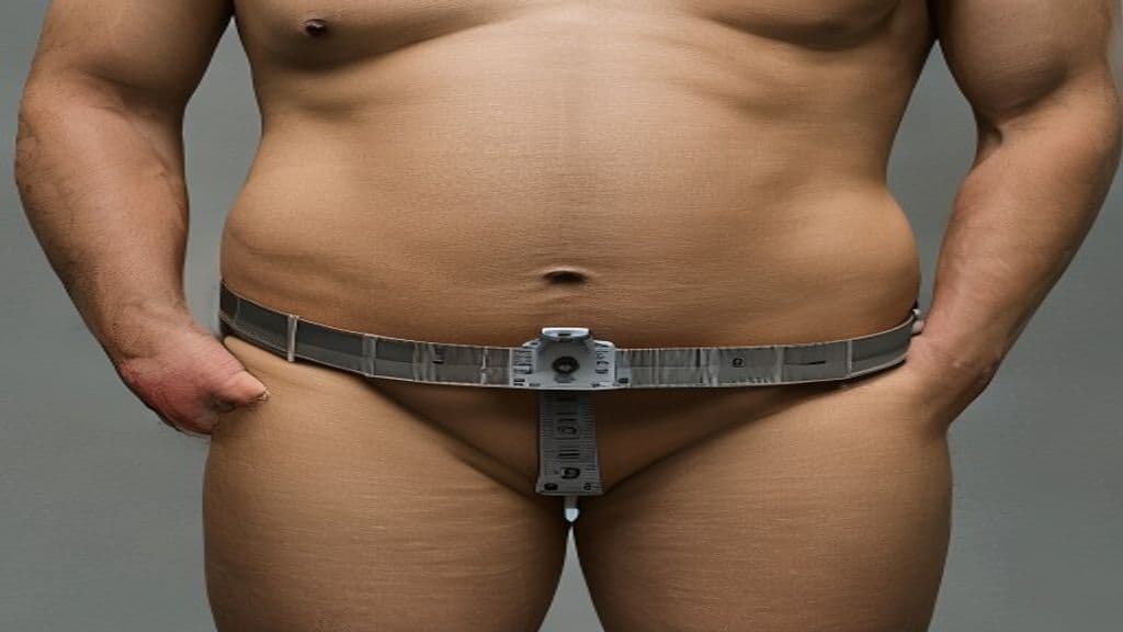 tape measure around a tan abdomen on a neutral grey background, studio lighting, photorealistic, ultra detailed, sharp focus