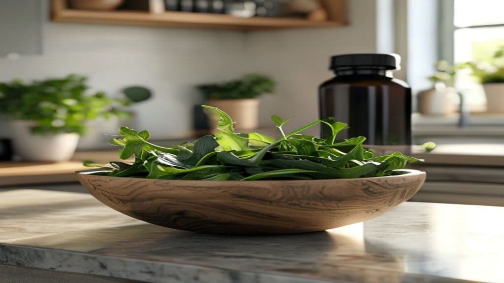wooden bowl of dark leafy greens beside a bottle of magnesium supplements on a clean kitchen counter, soft natural light, photorealistic, ultra detailed, sharp