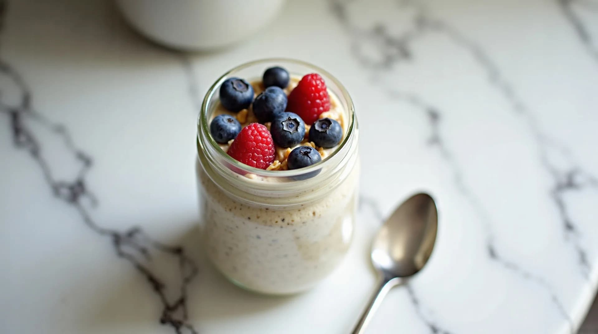 A jar of high-protein overnight oats topped with berries