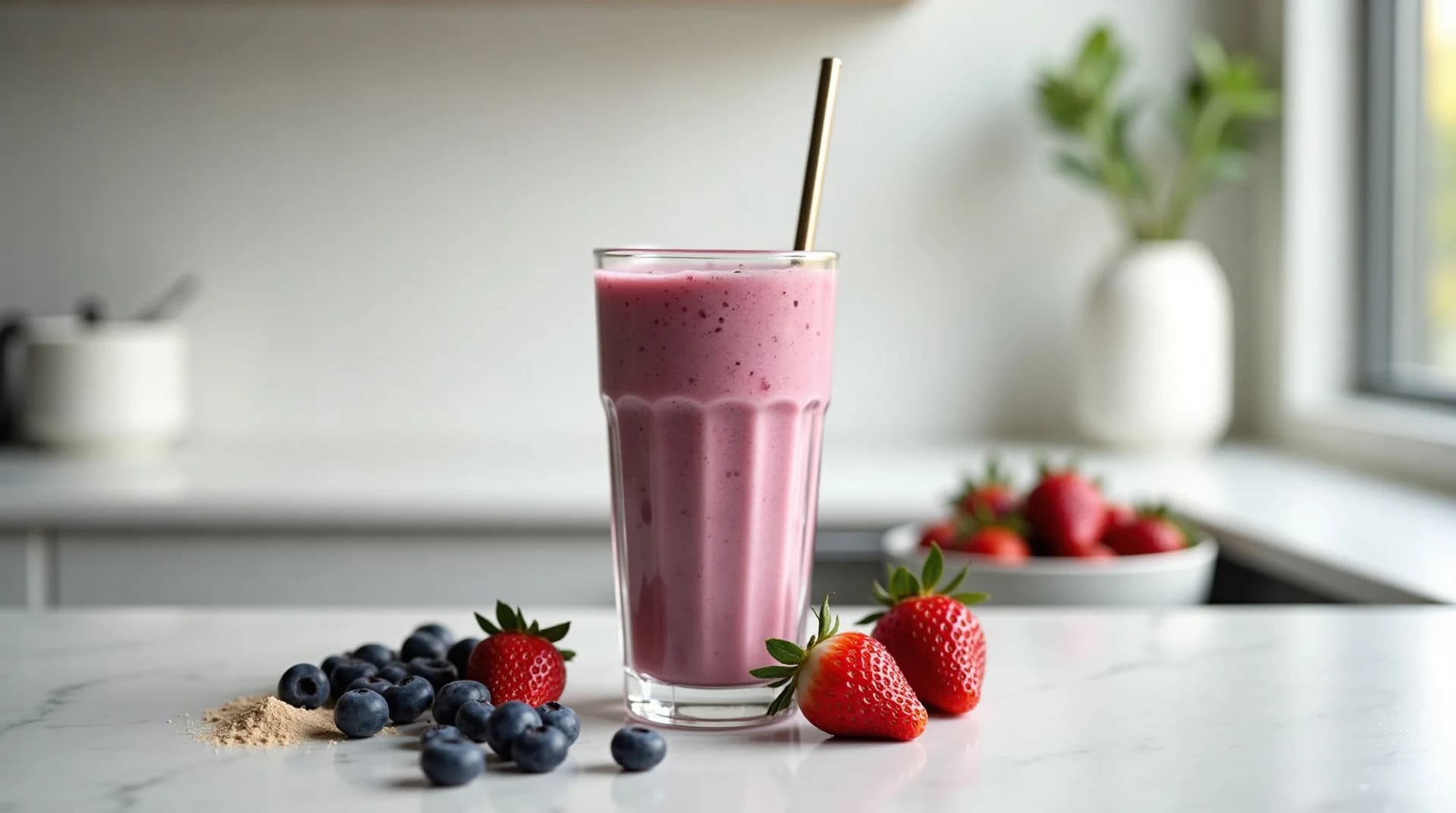 A berry protein recovery shake in a tall glass beside fresh berries