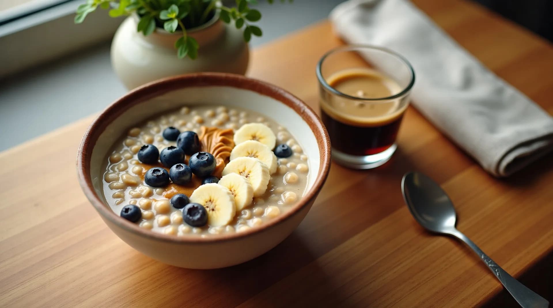 A pre-workout oatmeal bowl with banana, blueberries and espresso